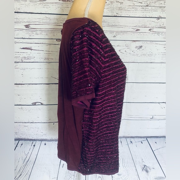 Women’s Large Blouse Ann Taylor Loft Short Sleeves Sequins Fringe Dark Fuchsia - Picture 4 of 11